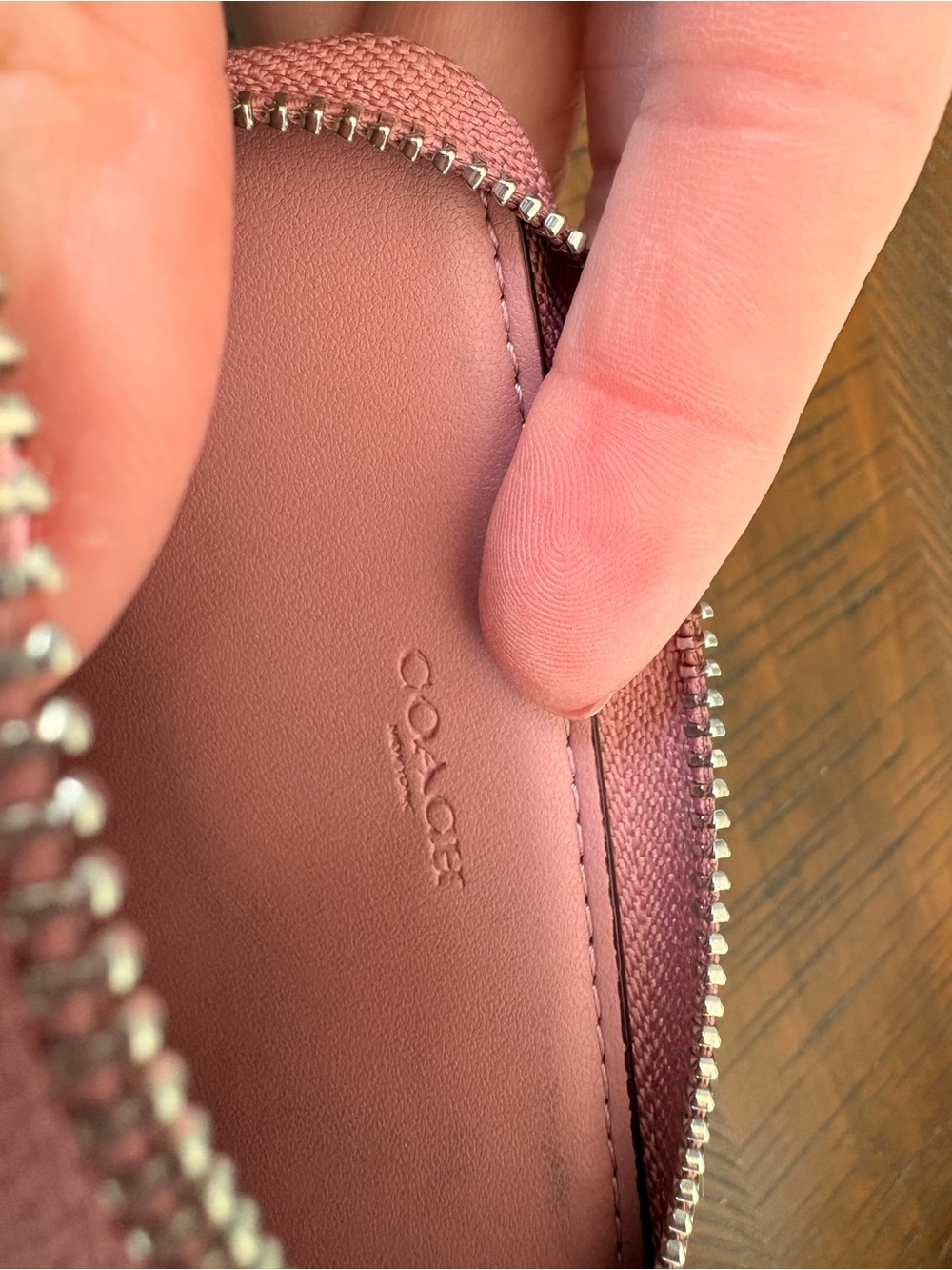 Coach Brown Signature Card Case with Pink Trim and Silver Chain - Picture 6 of 10